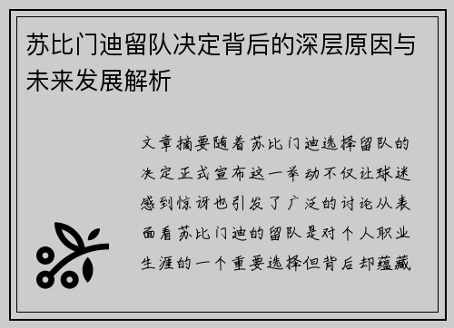 苏比门迪留队决定背后的深层原因与未来发展解析